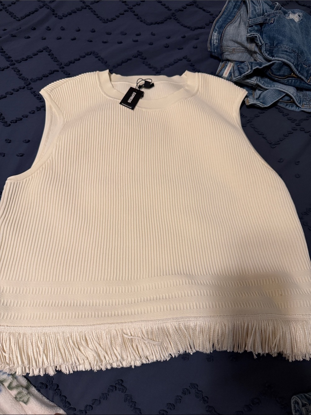Express White Ribbed Fringe-Hem Tank